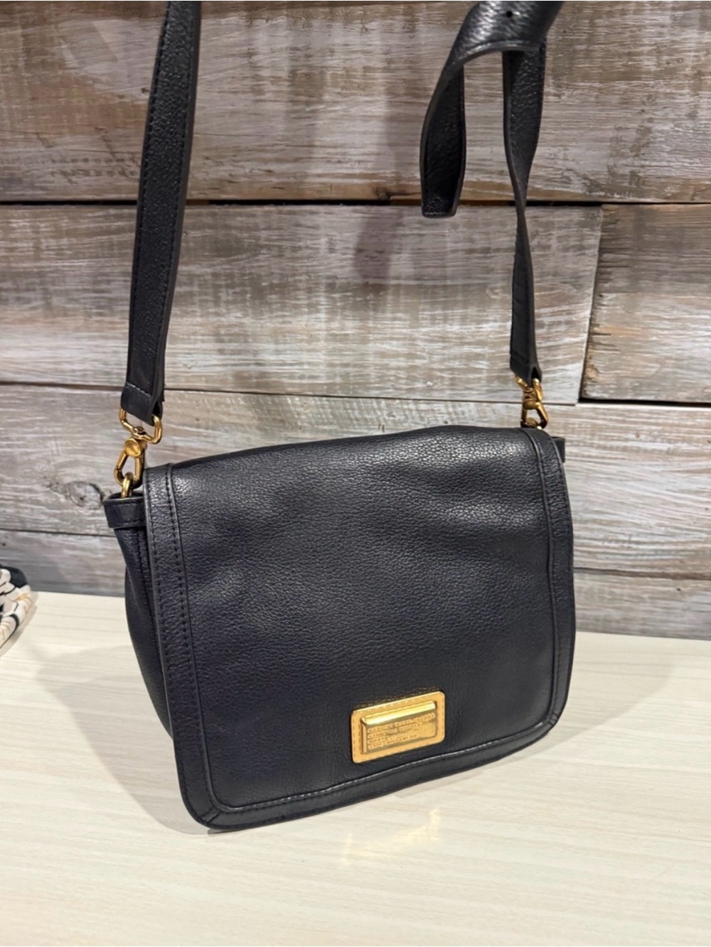Black Leather Crossbody Shoulder Bag with Gold Hardware